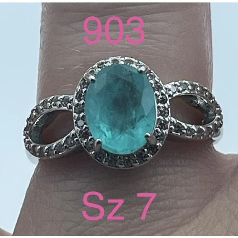 Bomb Party Size 7 Aqua Blue Halo Infinity Ring Rhodium Plated